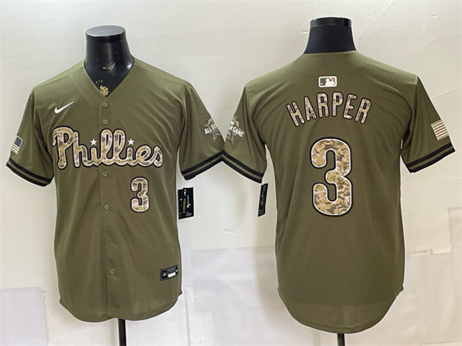 Men's Philadelphia Phillies #3 Bryce Harper Olive 2026 Armed Forces Day Stitched Baseball Jersey Men's Philadelphia Phillies #3 Bryce Harper Olive 2026 Armed Forces Day Stitched Baseball Jersey